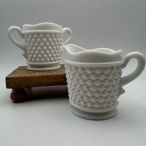 Vintage‎ White Hobnail Milk Glass Creamer and Sugar Set